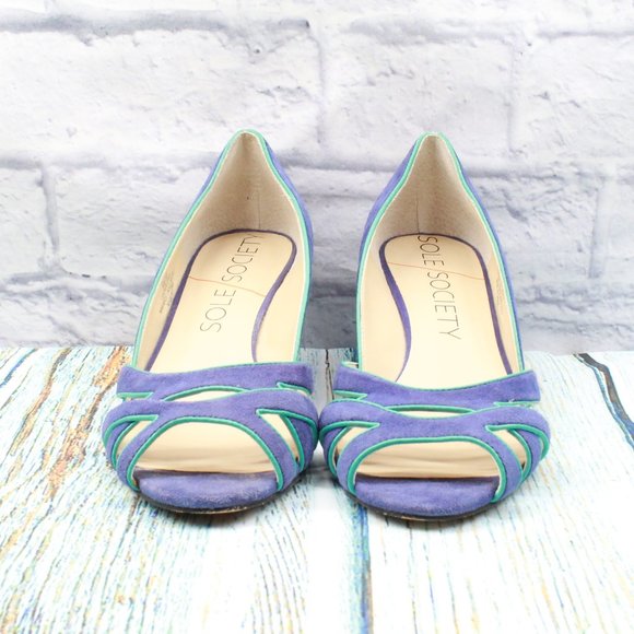 SOLE SOCIETY So Danna Blue Suede Open-toe Wedge Sandals Size 9 B - Picture 4 of 9